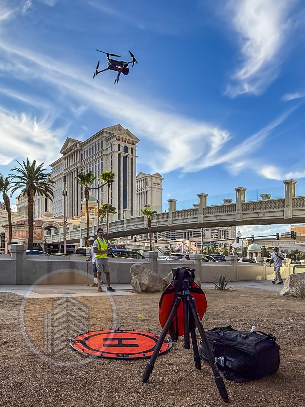 Zach launching the drone from the Las Vegas Strip sidewalk for the Grand Bazaar Shops shoot