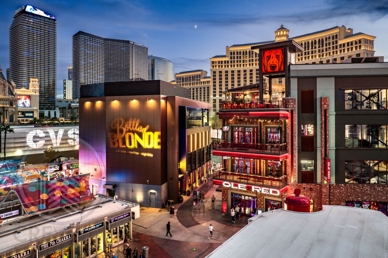 Grand Bazaar Shops aerial at night — Las Vegas Strip