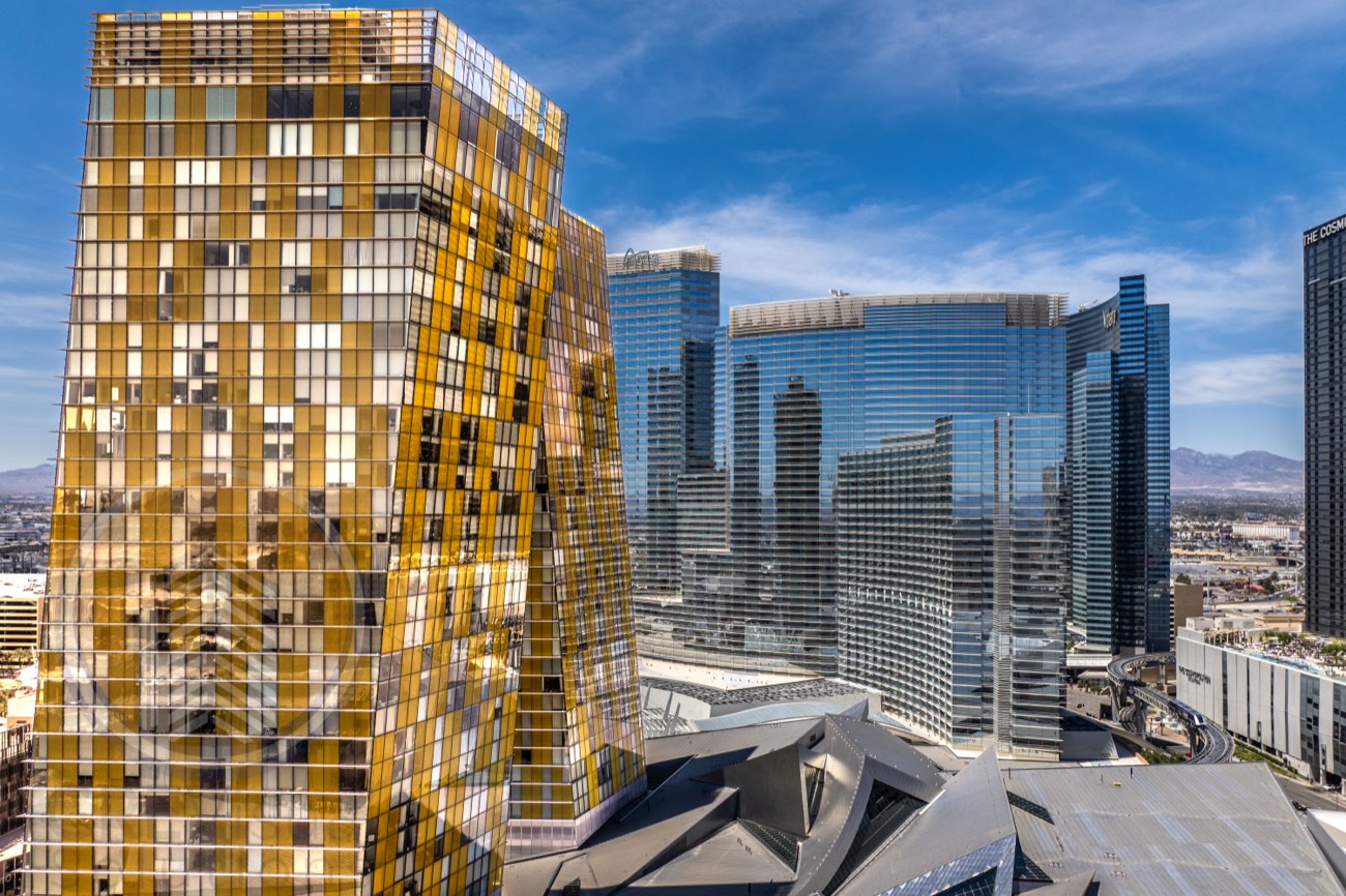 CityCenter condos with ARIA behind — Las Vegas Strip aerial