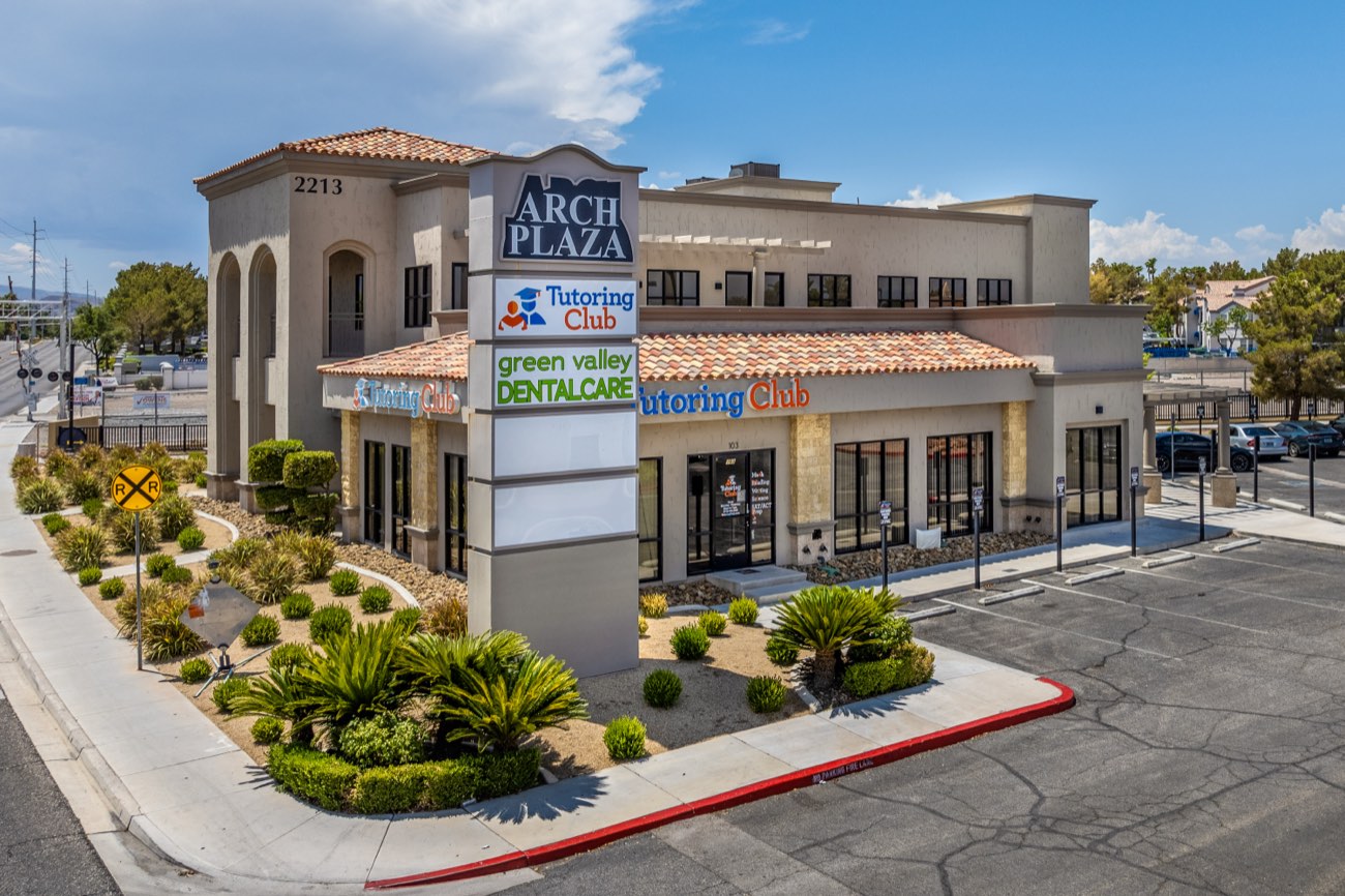 Low-rise office building exterior — commercial real estate photography