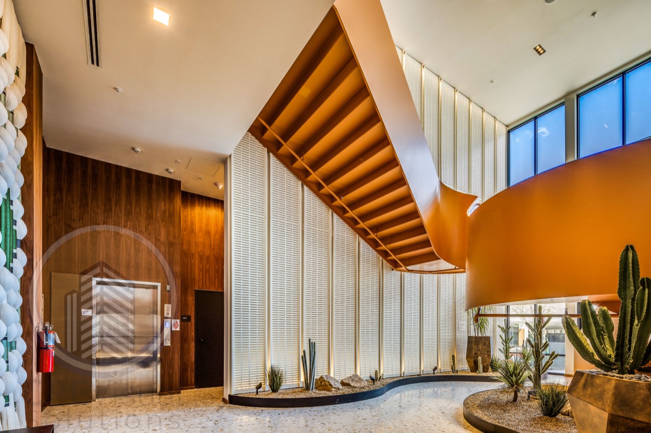 Office common lobby and elevators — commercial interior photography