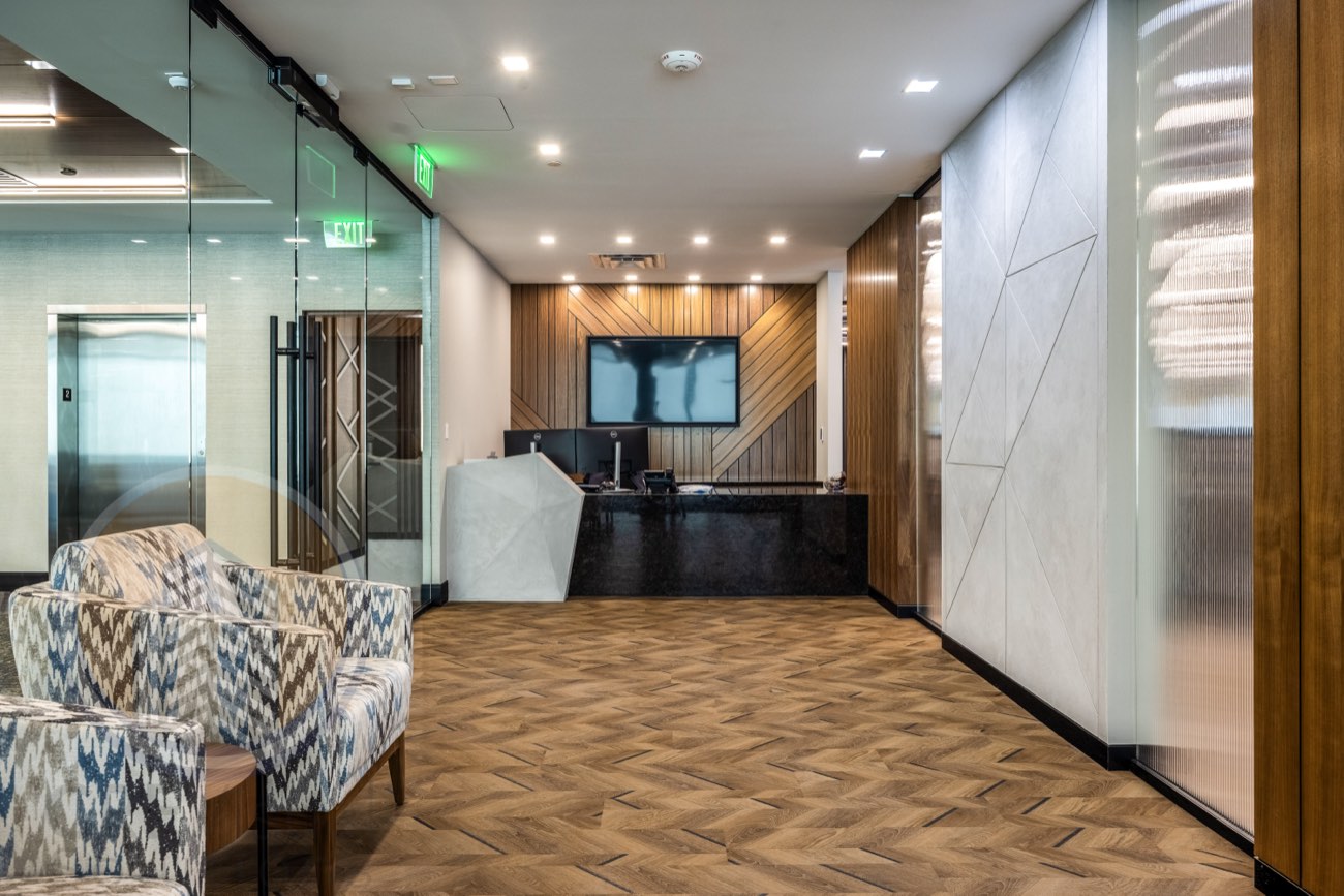 Office suite lobby interior — commercial real estate photography